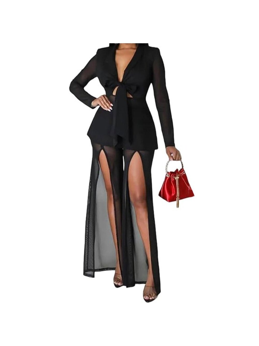 Women's Sexy 2 Piece Outfit See Through Clubwear Mesh Tie Front Slit Leg Black M